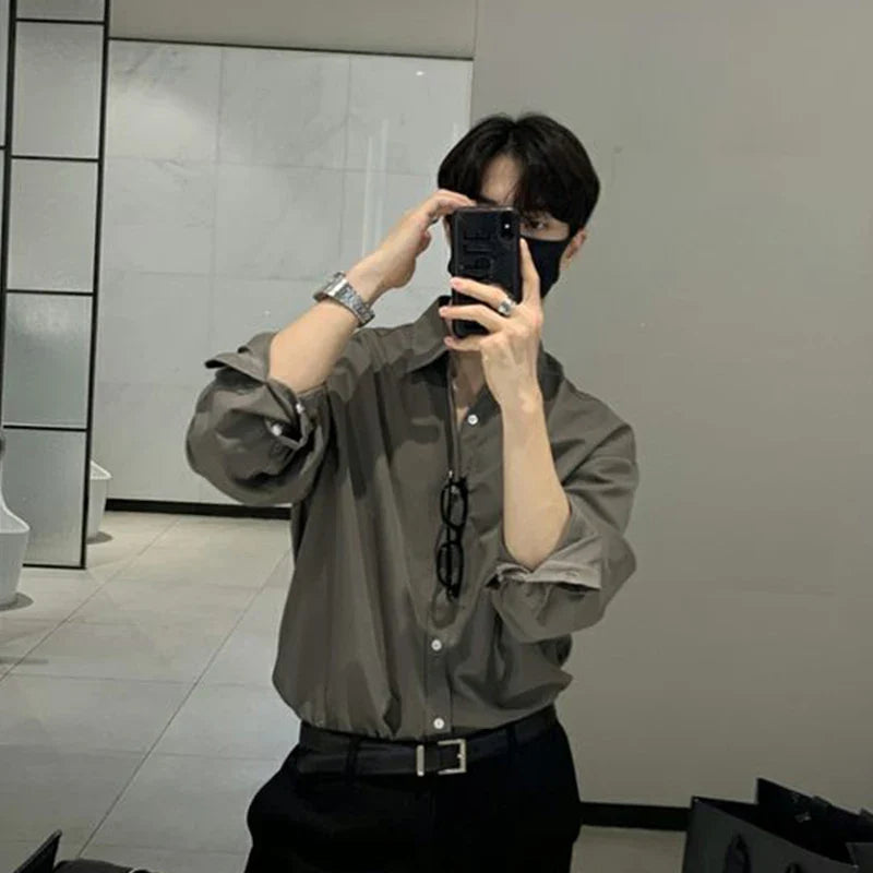 Luxury Spring Clothing Men's Casual Turn Down Collar Texture Shirts Vintage Buttons Solid Color Long Sleeve Leisure Clothes