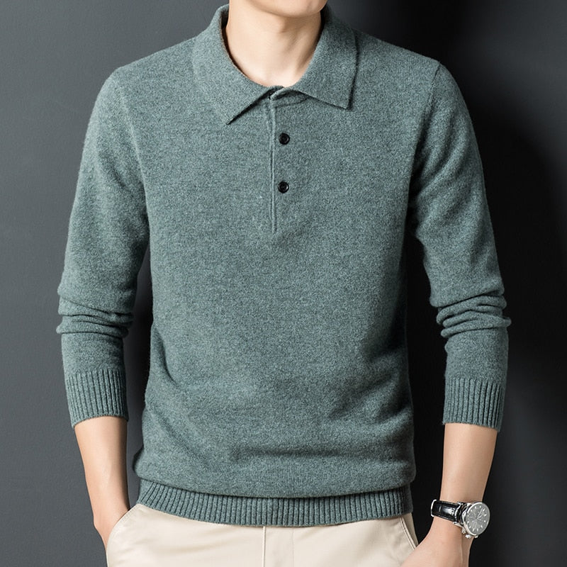 Cashmere sweater men's Polo neck 100% pure wool sweater solid color sweater backing sweater