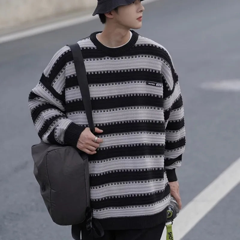 saferido Striped Knitted Sweater Coat Men Japanese Oversize Casual Autumn Winter Loose O-neck Pullovers for Man Streetwear Korean