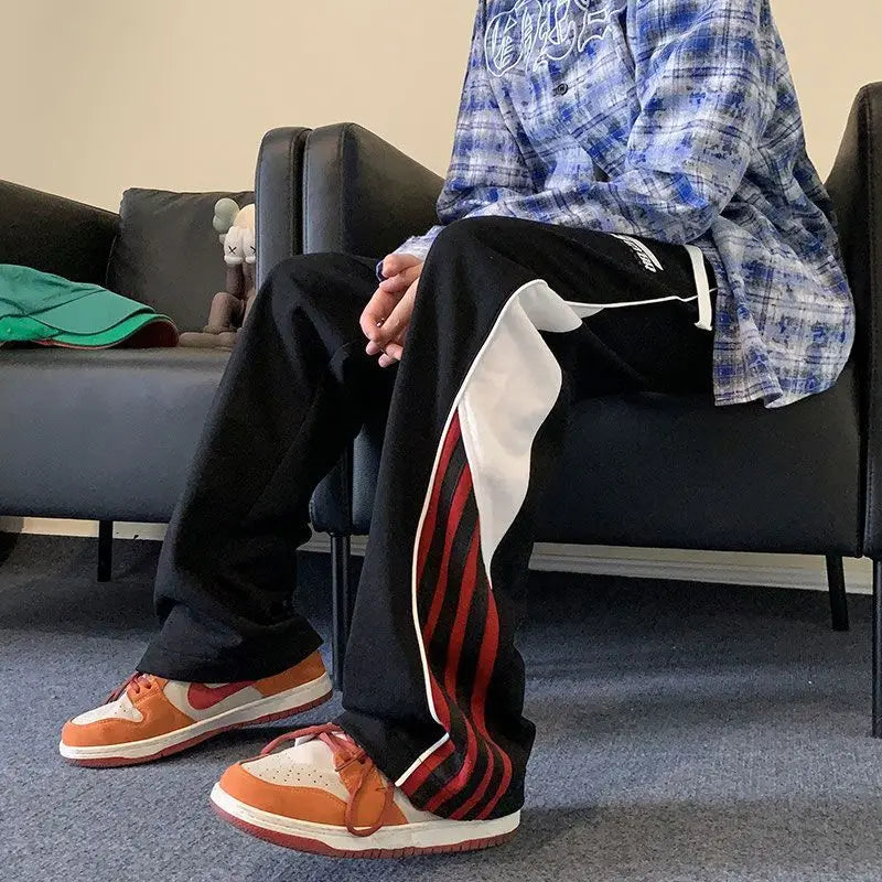saferido American High Street Loose Straight Wide Leg Pants Men's Autumn Contrasting Stripes Drawstring Pockets Patchwork Sports Trousers