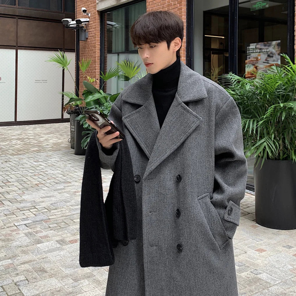 saferido Winter High Quality Woolen Trench Coats Men Korean Style Luxury Male Casual Trenchcoat Men's Streetwear Gray/Khaki/Black