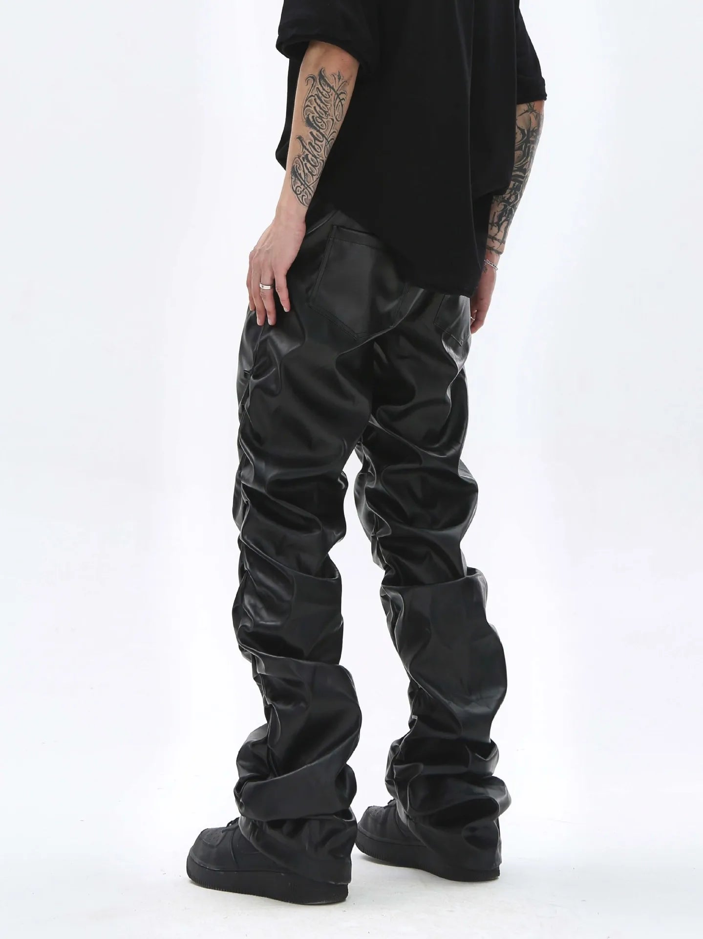 saferido Pleated Leather Pants Men’s Motorcycle Pants PU Leather Pants Men’s Punk Leather Cargo Pants Leather Pants