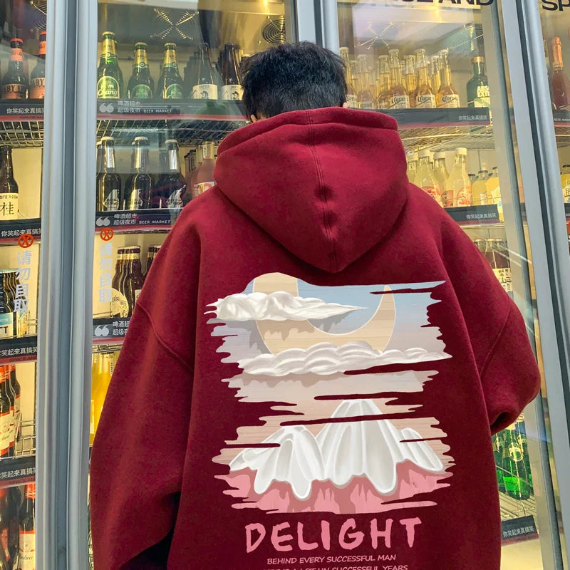 saferido Autumn New Men's Fashion Oversized Print Hooded Sweatshirt Trend Hip Hop American Retro Long Sleeve Sweatshirt