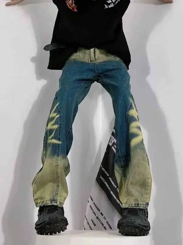 saferido American high street gradient washed old ripple jeans men and women loose straight pants tide senior Korean fashion sense pants