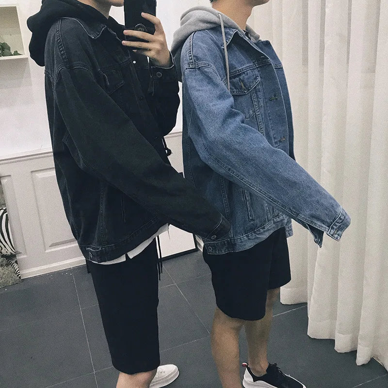 Denim Jacket Mens Hooded Slim Fit Casual Streetwear Jean Jackets Long Sleeve Trendy Outerwear Spring Autumn Jacket Coat Men