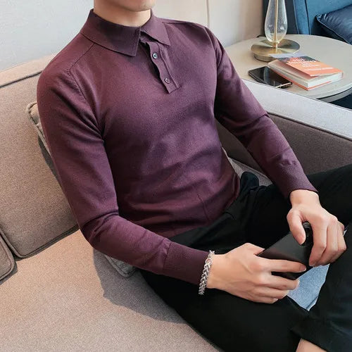 saferido Summer Mens Long-Sleeved Knitted Casual POLO Shirts Contrast Color British Slim Fit Lapel POLO Shirt Men Clothes S-3XL