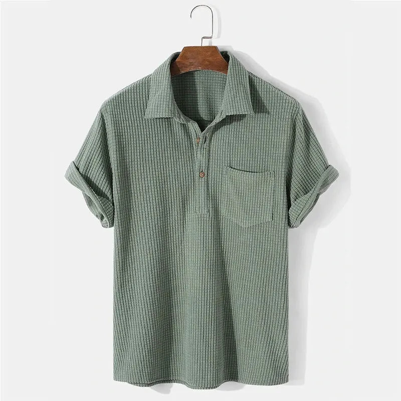 Summer Mens Casual Plaid Polo Shirts Top Turn-Down Collar Button Blouse Short Sleeve Solid Pocket Blouse Shirt Men Clothing