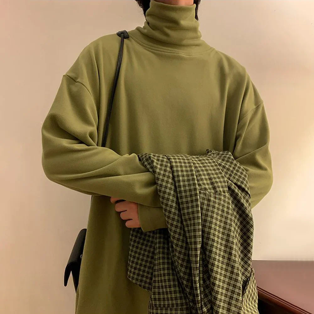 saferido Mens Pullover Japanese Stylish Solid Harajuku Long Sleeve Top Fashion Turtleneck Cozy Baggy Fit Casual Daily Top Men's Clothing