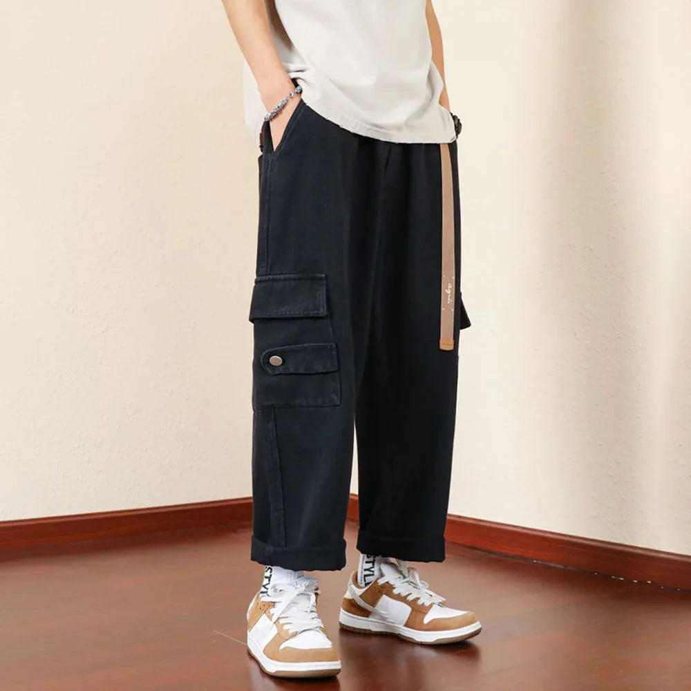 saferido Mens Casual Cargo Pants Hip-Hop Solid Color High Street Retro Loose Japanese Straight Pants Spring and Autumn New Style