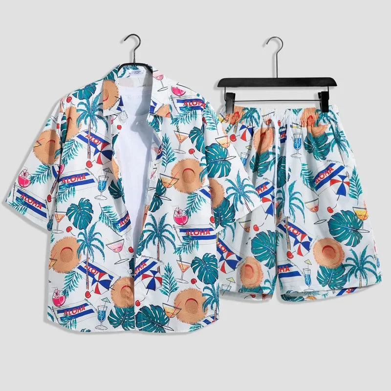 Mens Fashion Print Sets Short Sleeve Shirt+Shorts 2Pcs Suit Loose Summer Casual Beachwear Male Vacation Hawaiian Outfits