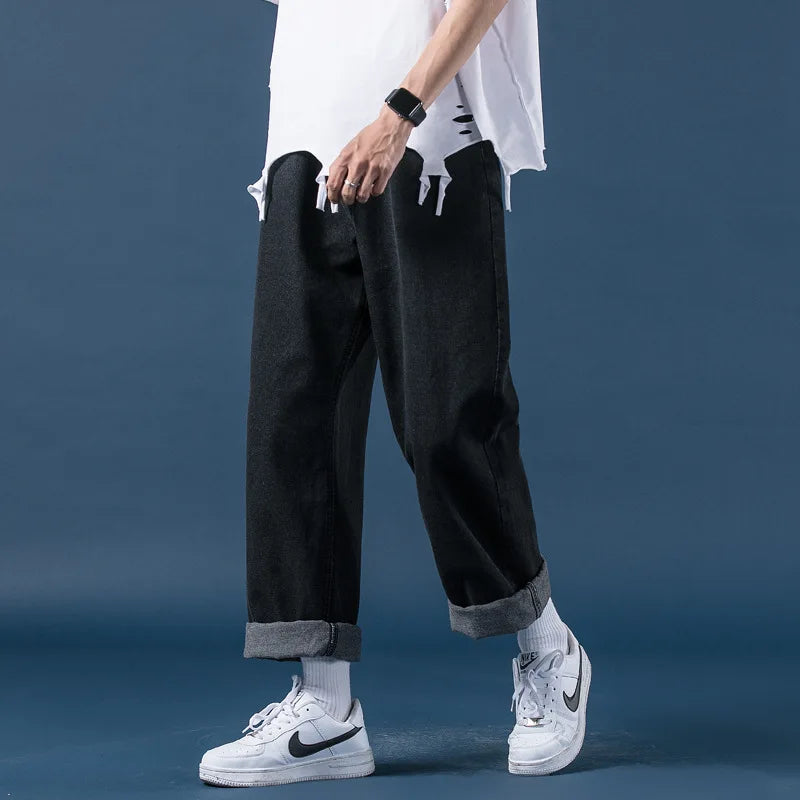 saferido Autumn Winter Men's Wide Leg Denim Pants Korean Fashion Luxury Top Quality Baggy Jeans Men Elastic Waist Mop Daddy Trousers