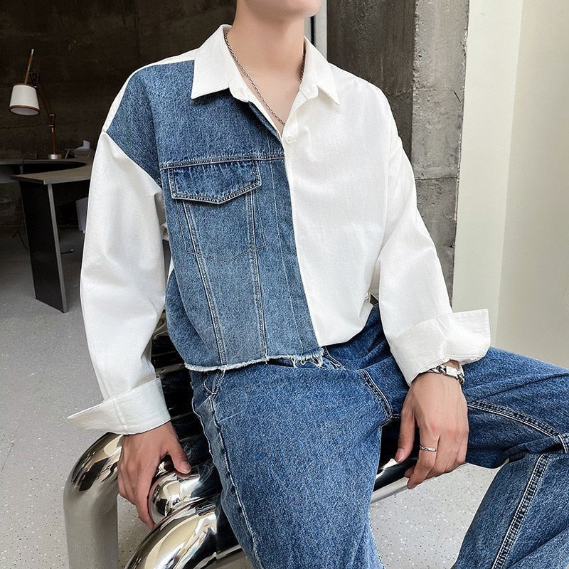Daily Streetwear Mens Denim Patchwork Shirt Clothes Fashion Turn-down Collar Long Sleeve Button Shirts For Men Fall Casual Tops