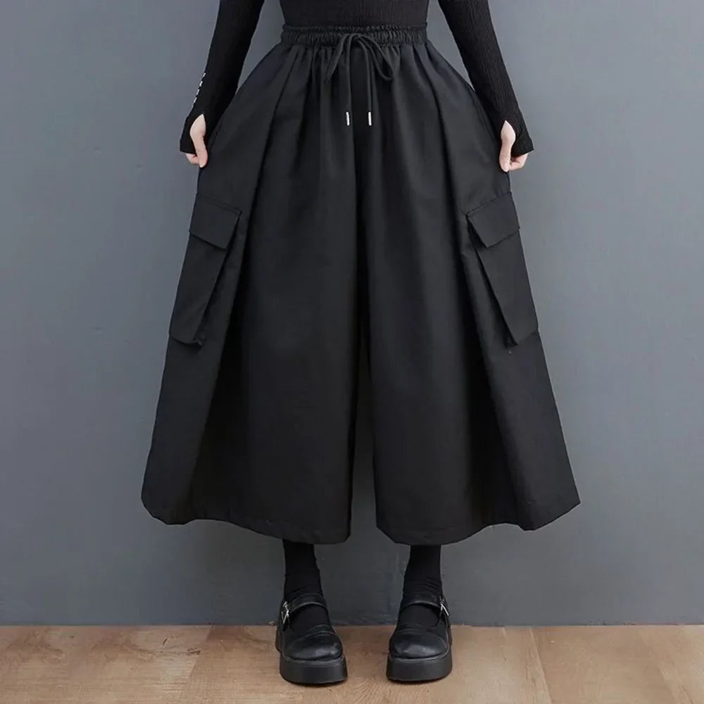 saferido Gothic Style Japanese Casual Large Pocket Culottes Fashion Loose Daily Versatile Elastic Waist Wide Leg Pants Unisex 2024 New