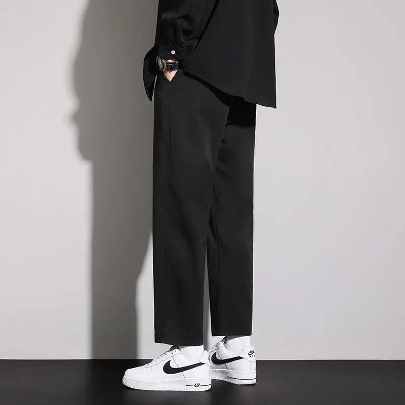 saferido Summer New Korean Trendy Loose Versatile Casual Straight Pants Men Solid Elastic Waist Drawstring Pocket Thin Wide Leg Trousers