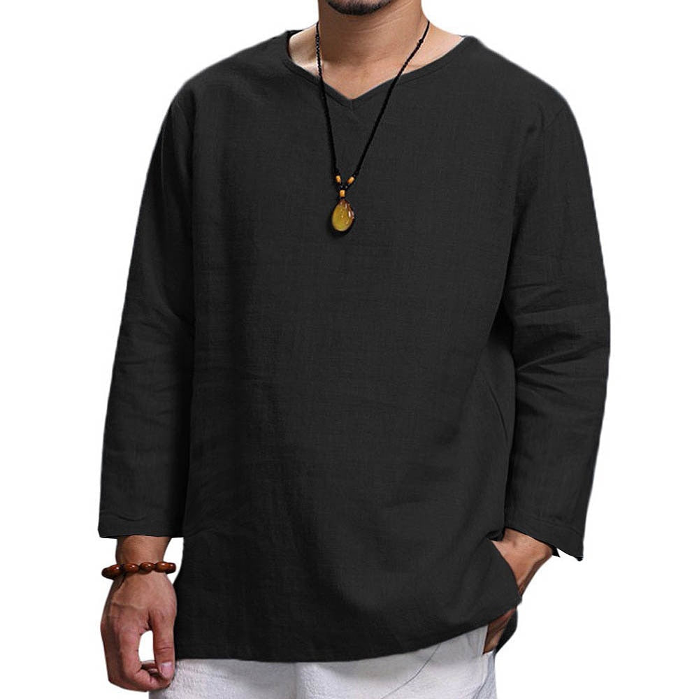 V Neck Cotton Linen T Shirts For Men Solid Color Long Sleeve Shirts Casual Tops Loose Large Size Tees Breathable Men Clothing