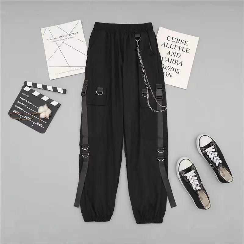 saferido New Men Streetwear Two-piece Suit Splice Chain Long Sleeve+Ribbon Chain Pants Harajuku Cargo Pants 2 Piece Sets Mens Outfits