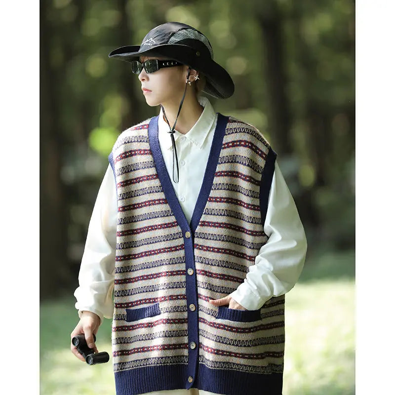 saferido New Spring and Autumn Sleeveless Knitted Cardigan Men's Clothing Waistcoat Contrast Color Casual Sweater Vest Coat Fashion V26
