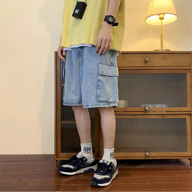 saferido Summer Men Denim Short Streetwear Vintage Korean Harajuku Pocket Jeans Shorts Hip Hop Cargo Pants Oversized Bottoms Male Clothes