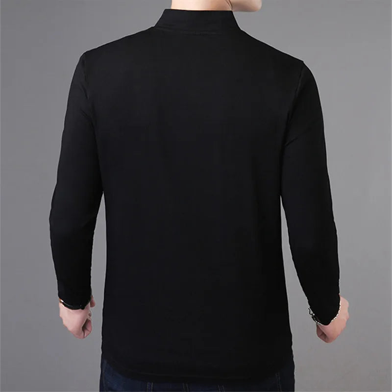 saferido New Spring Autumn Casual Men T Shirt Cotton Long Sleeve Stand Collar Tops Tees Mens Slim Fit Solid Color Tshirt Men Clothing