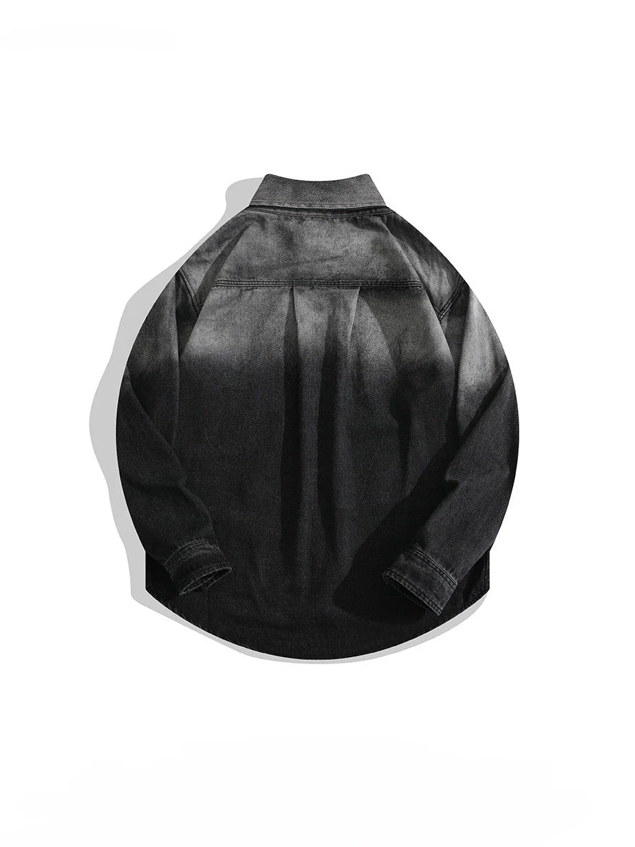 Men's Lapel Handsome Black Grey Gradient Denim Shirt Jacket Spring Autumn Trendy Street Casual Versatile Single-breasted Shirts