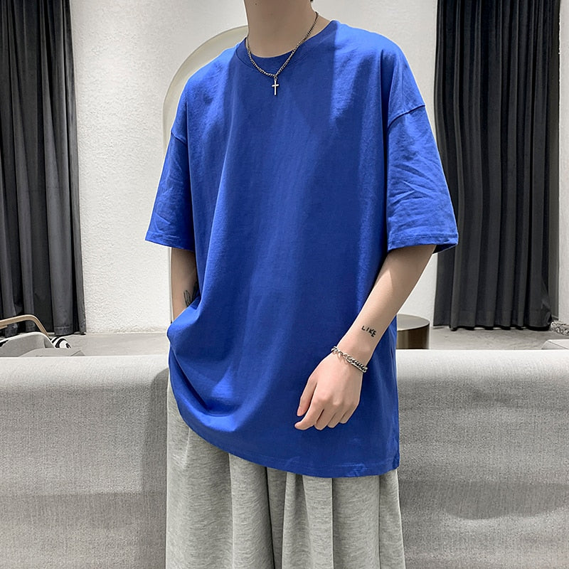 Men Oversized Graphic Solid T Shirts Colorfuls 100% Cotton Mens White Classical Tee Male Short Sleeve O-Neck Tops