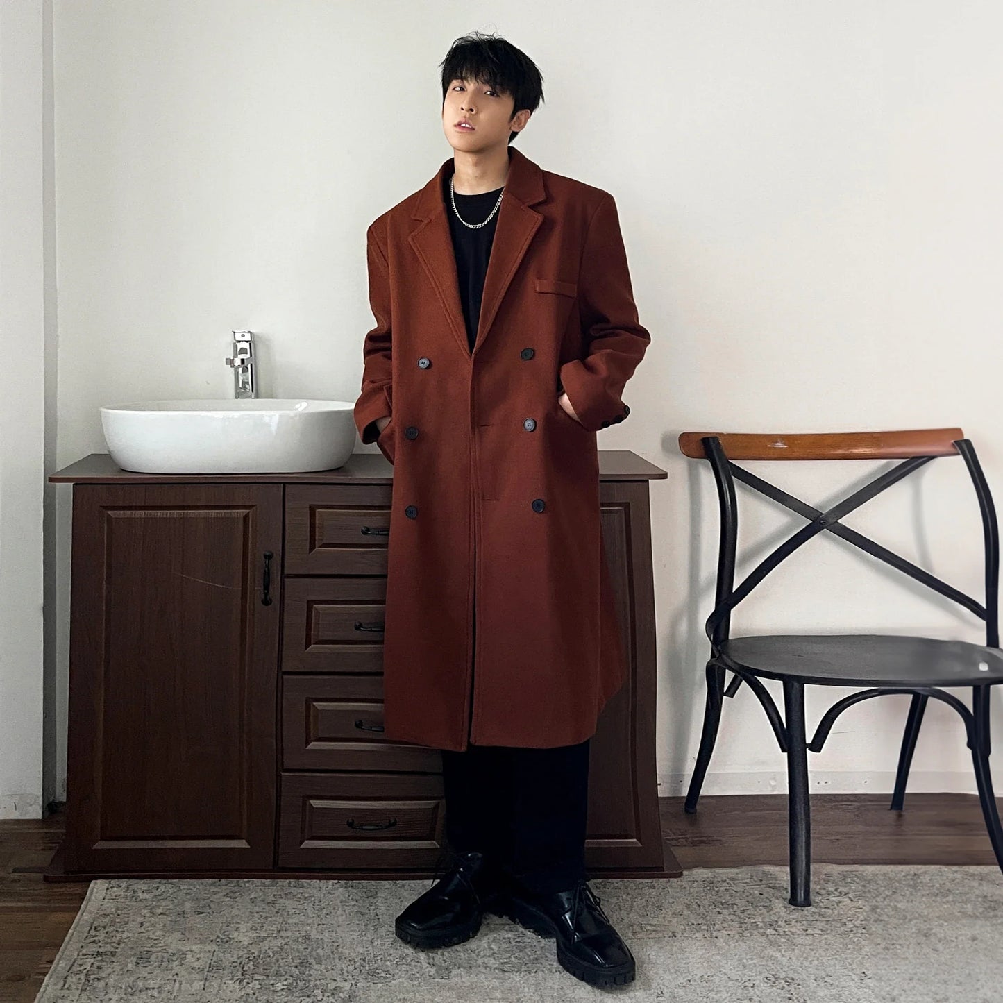 saferido Winter Long Trenchcoat Men Korean-style Solid Double Breasted Woolen Coat Loose Casual Trench Outwear Solid Color Overcoats