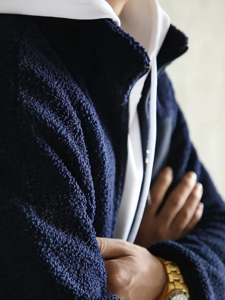 saferido New Men's Winter Jacket Korean Fashion Stand Collar Zip Pockets Thicken Fleece Lined Warm Coat