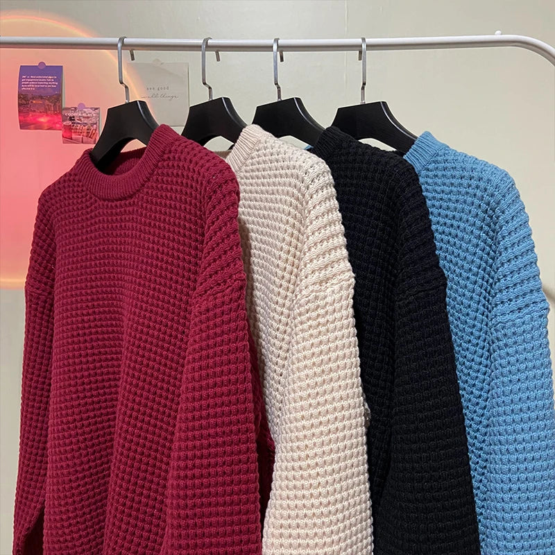 saferido Korean Solid Color Baggy Sweater Men's Knitting Pullovers Crew Neck Pullover Women Harajuku Knitwear Christmas Red Knitted