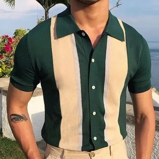 Men's Summer Casual Stripe Shirts Knitted Vintage British Breathable Patchwork Short Sleeve Jacquard Business Polo Shirt