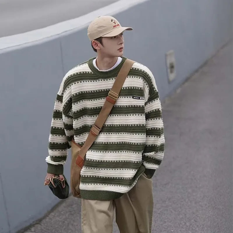 saferido Striped Knitted Sweater Coat Men Japanese Oversize Casual Autumn Winter Loose O-neck Pullovers for Man Streetwear Korean