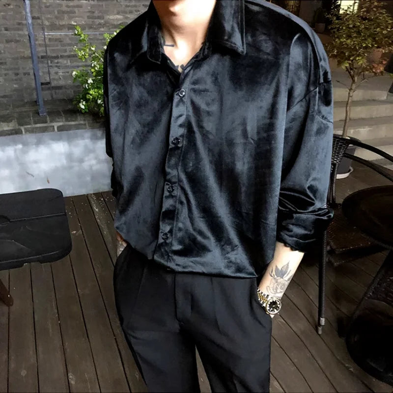 saferido Streetwear Fashion Men Satin Wine Red Shirt Spring Summer Lapel Long Sleeve Clothing Vintage Casual Loose Chic Versatile Tops