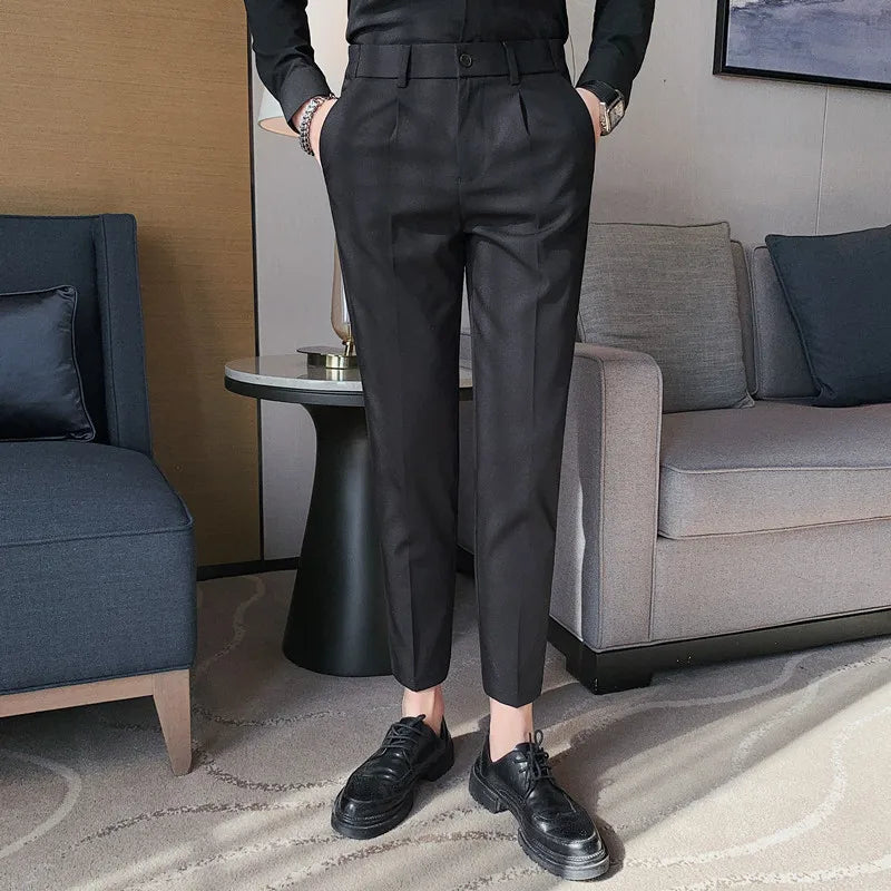 saferido British Style Men High Waist Casual Business Dress Pants Streetwear New Fashion Social Belt Decoration Slim Fit Suit Pants