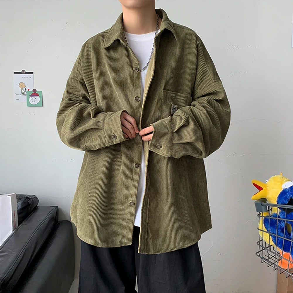 saferido Corduroy Shirts For Men Long Sleeve Black Shirt Spring Summer Korean Streetwear Clothes Unisex Fashion Casual Oversize Shirt