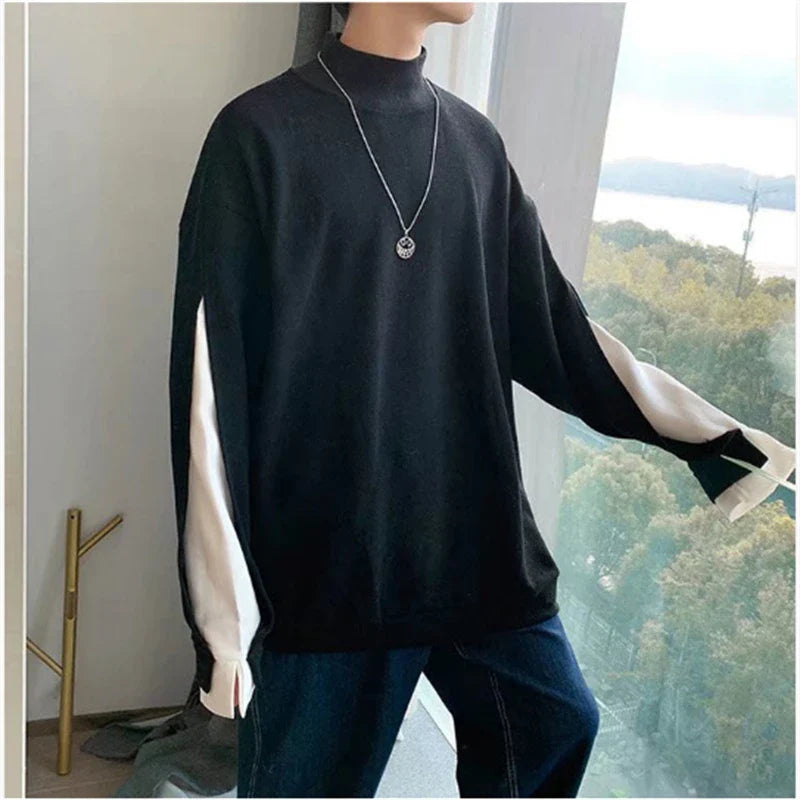 saferido Men's High Collar Sweatshirt Patchwork Pullover Long Sleeve Spring Autumn Tops Loose Sweatshirts