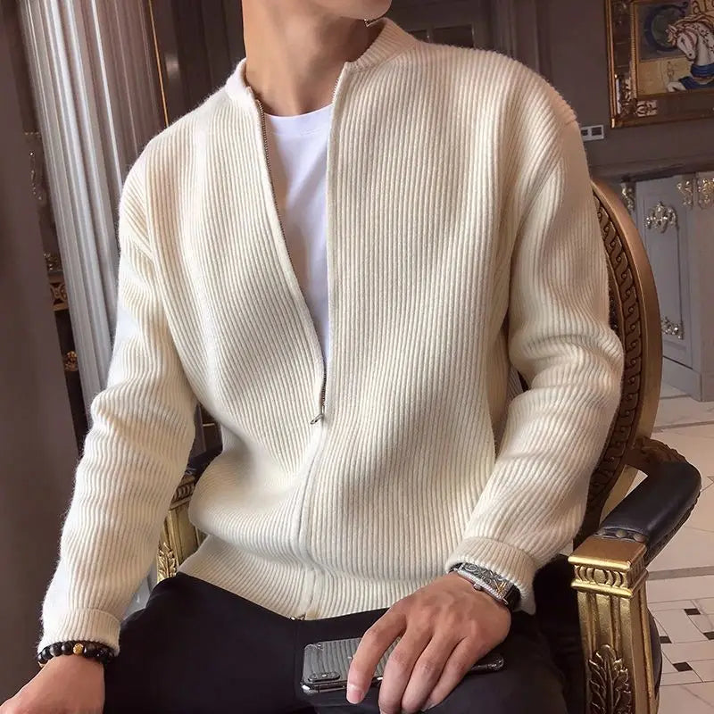 New Spring and Autumn Korean Edition Trend Stand Collar Solid Color Pit Stripe Slim Fitting High-end Men's Sweater Cardigan