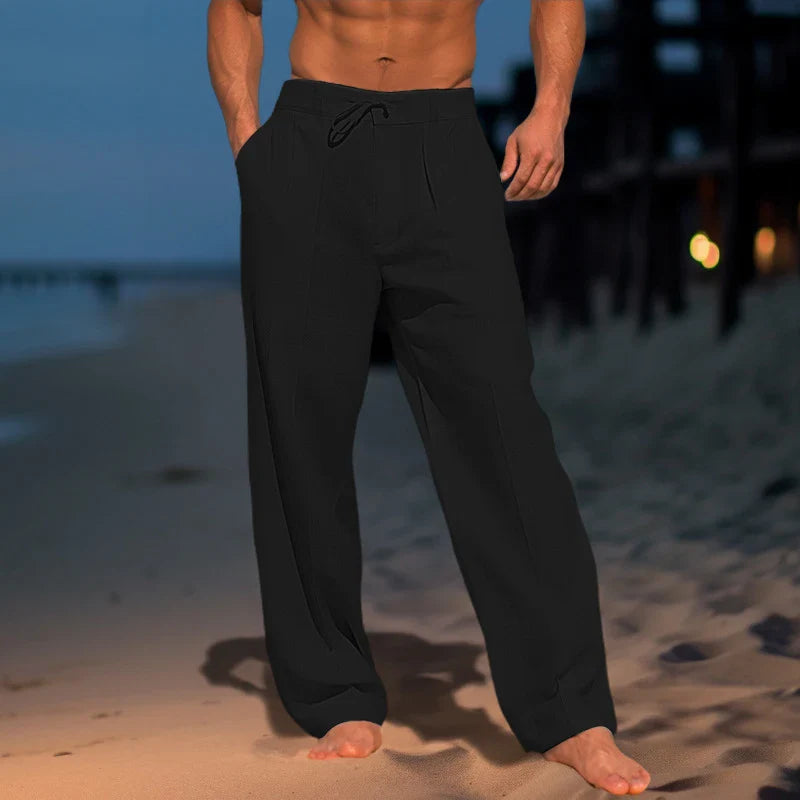 Fashion Tie-up Drawstring Trousers For Men Summer Solid Color Cotton Linen Casual Pants Mens Spring Leisure Loose Straight Pants