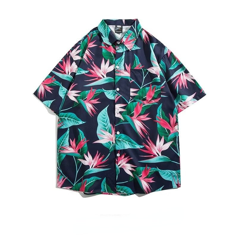 Couple Japanese Shirt Harajuku Oversized Short Sleeve Shirt for Men Women Hawaiian Print Flower Shirt Geometric Streetwear