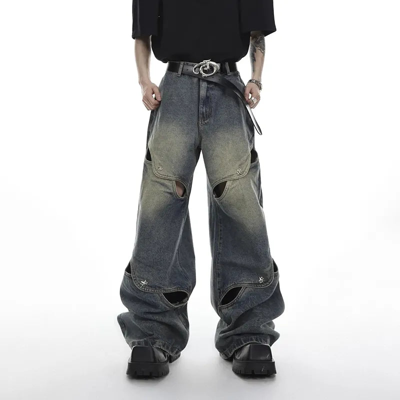 Wide Leg Jeans Pants Men Streetwear Baggy Distressed Denim Trousers Male Oversize Hollow Out Casual Korean Hip Hop