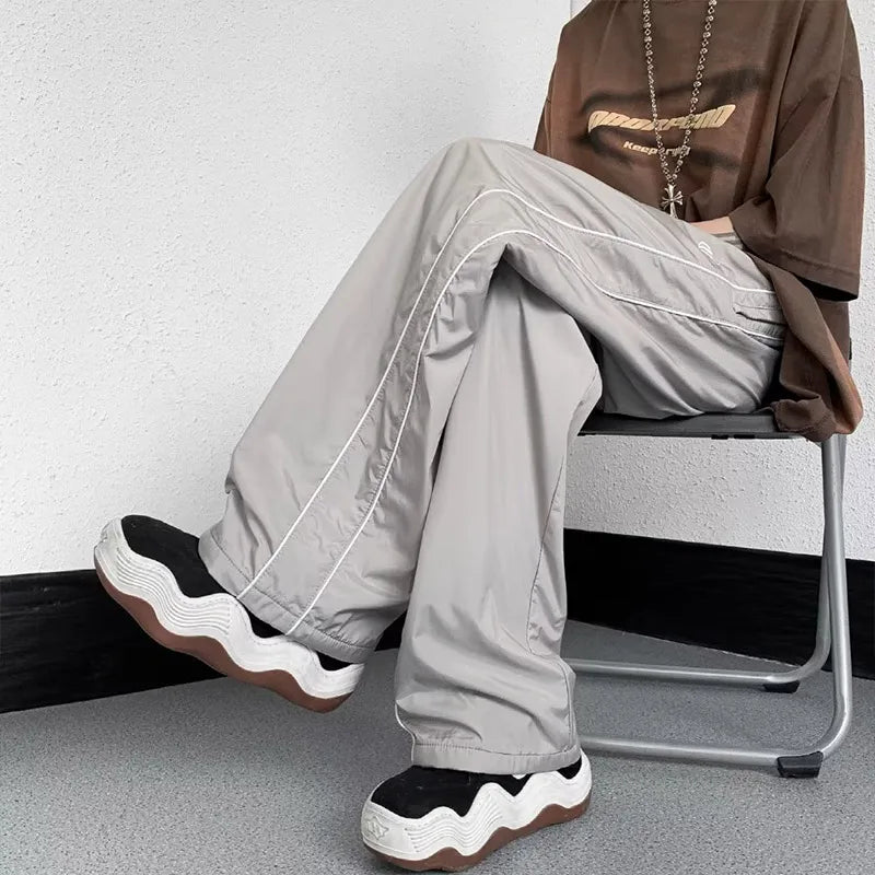 saferido KPOP Fashion Style Harajuku Slim Fit Sweat Pants Loose All Match Casual Pants Stripe Pockets Straight Cylinder Wide Leg Pants