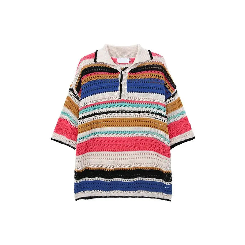 saferido American retro striped contrasting knitted polo shirt loose summer new style lapel casual short sleeved men and women T-shirt