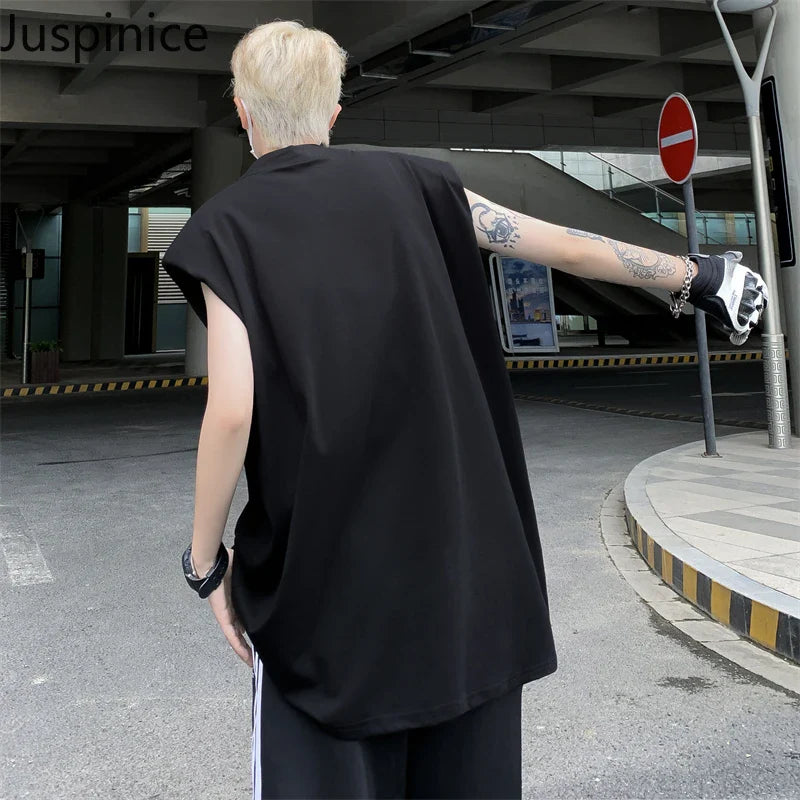 saferido American Cotton Half-zip Vest Couple Niche Shoulder Pads Loose Casual High Street Sleeveless T-shirts Men Tops Male Clothes