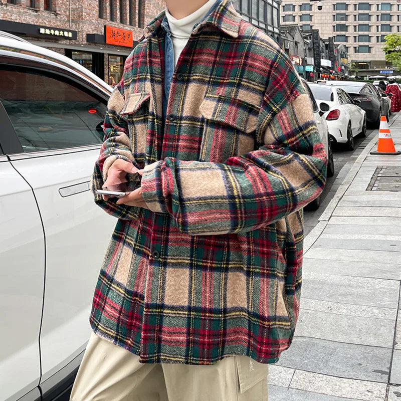 saferido Thick Plaid Woolen Coat Men Warm Oversized Retro Thickened Woolen Jacket Mens Streetwear Korean Loose Short Woolen Coat Men