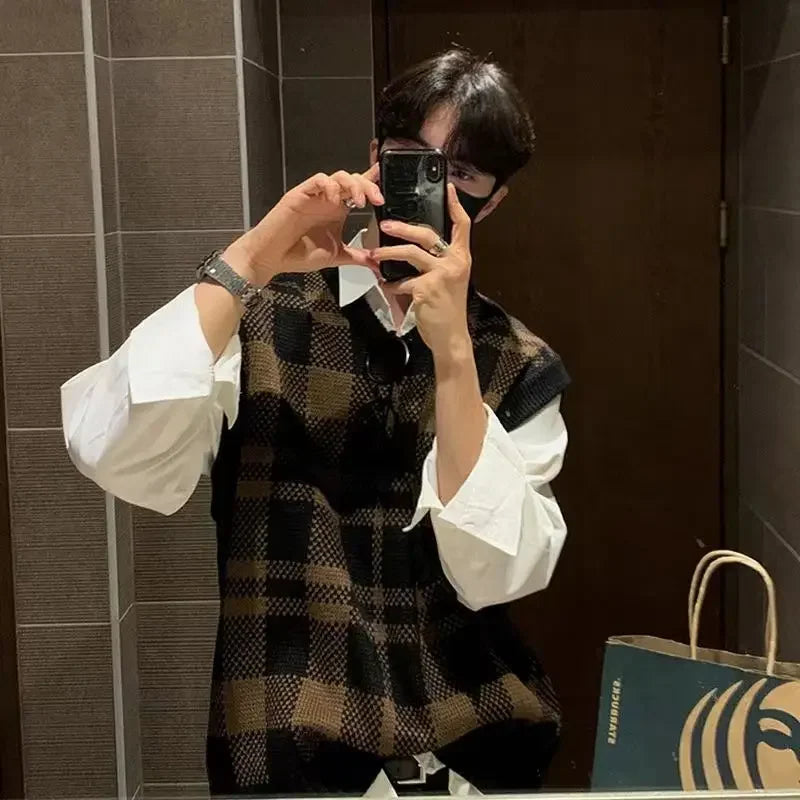 saferido Knitted Sweaters for Men Plaid V Neck Man Clothes Waistcoat Sleeveless Vest Casual Korean Autumn Y2k Streetwear Elegant