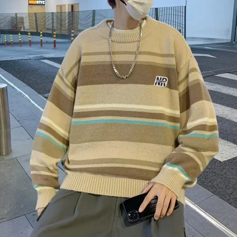 saferido Literature and Art Men's Loose Stripe Round Neck Knitwear Men's Autumn Oversize Lazy Sweater men coat winter clothes sweter