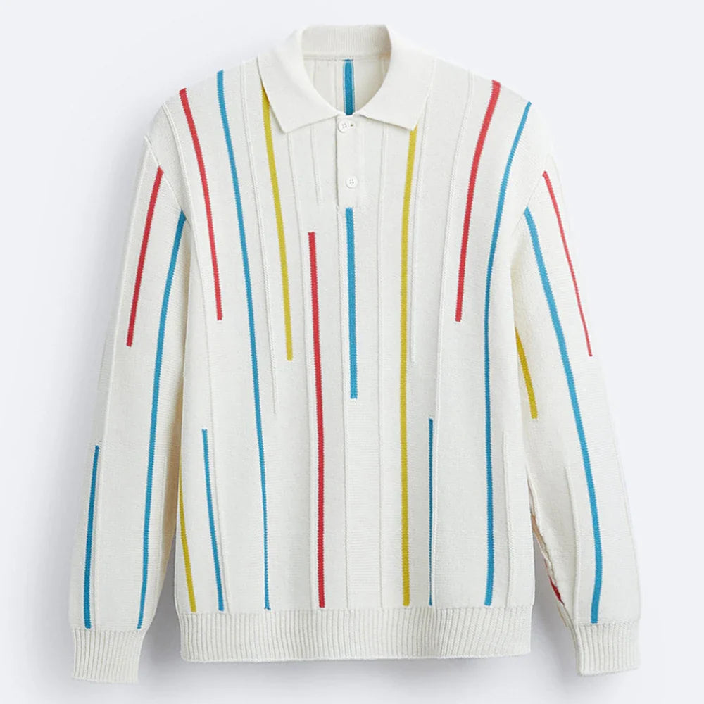 saferido Mens Striped Casual Knitted Polo Shirt Genderless Spring Autumn Thin Fashion Simple Loose Comfortable Long-Sleeve Shirt Unisex