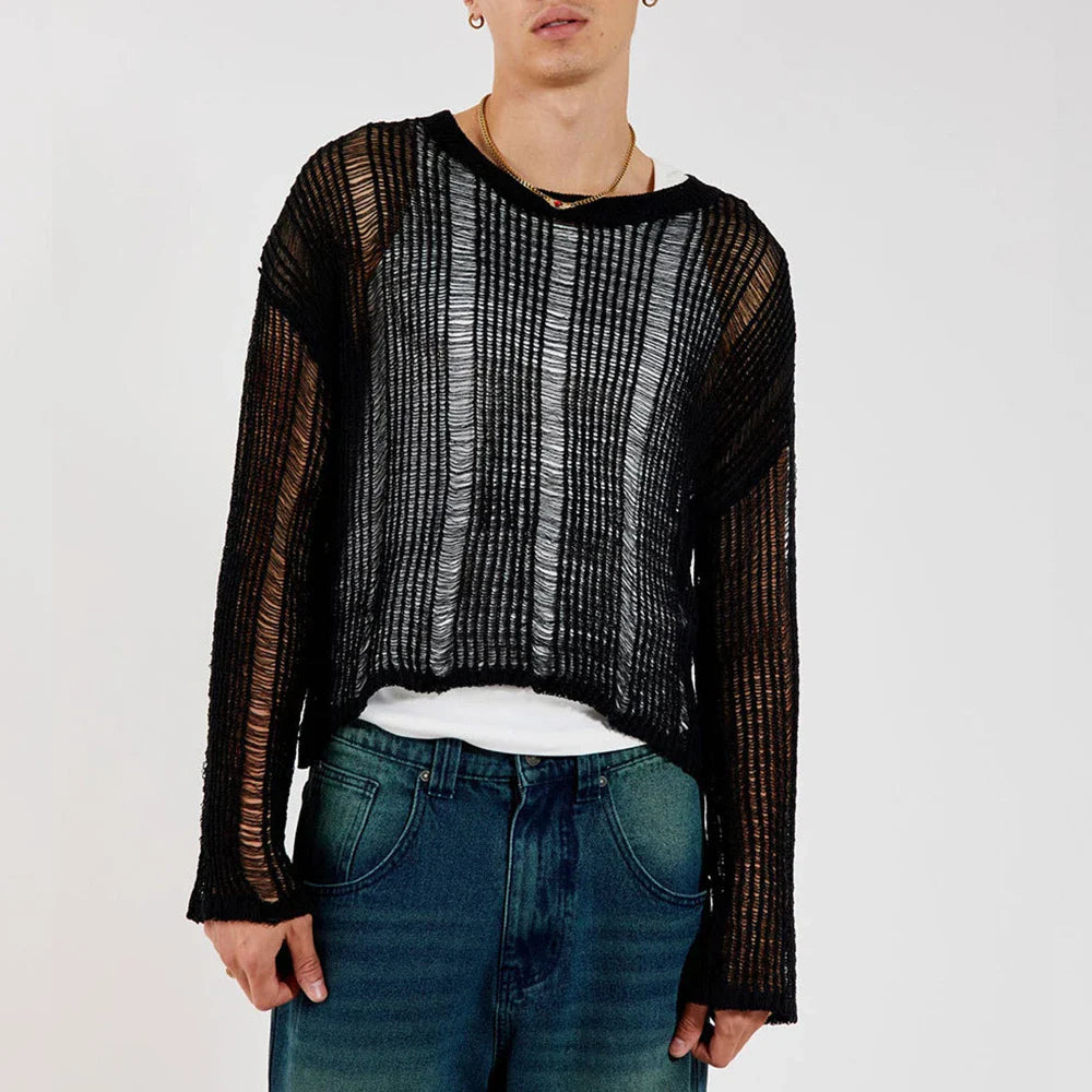 saferido Spring Autumn New Sweater T-shirts For Men Elastic Hollow Slinghtly Transparent Long Sleeve Loose Versatile Knitting Tees Tops