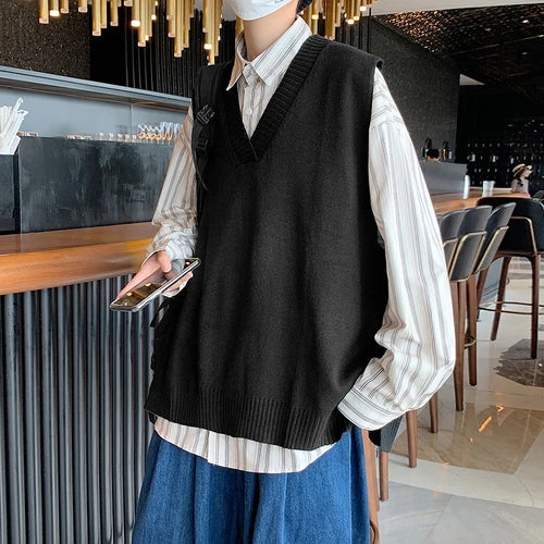 saferido Sweater Vest Men V-neck Solid Leisure Loose All-match Streetwear Sleeveless Sweaters Mens Knitted Korean Style Waistcoat