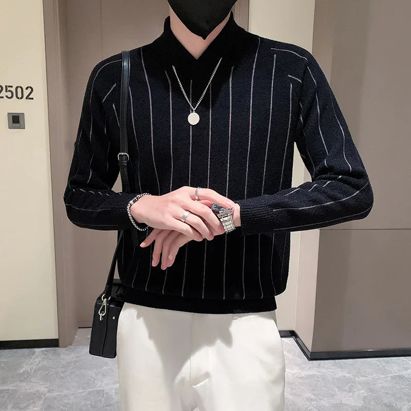 saferido Korean Style Men Winter High Quality Knitted Sweaters/Male Slim Fit Fashion Striped Casual Knit Sweater Men V-neck Pullover 3XL