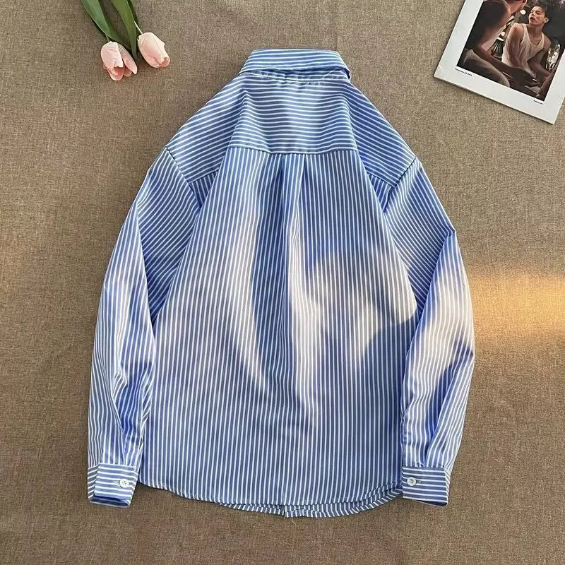 New Spring and Autumn Fashion Korean Edition Hip Hop Trend Advanced Sense Casual Loose Stripe Woven Long Sleeve Men's Shirt