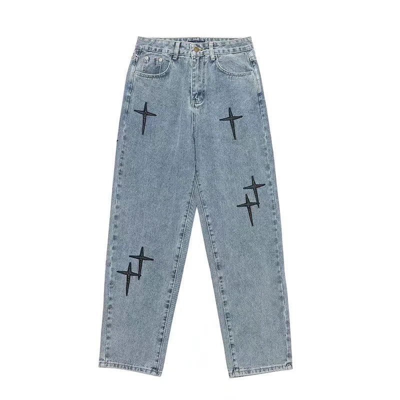saferido Print Embroidery Jeans Men Vintage Casual Loose Wide Leg Baggy Man Trousers 2024 Spring Summer Fashion Hip Hop Male Cargo Pant